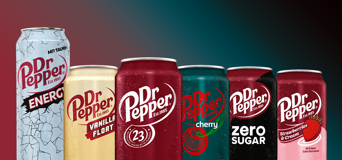 Dr Pepper Sortenübersicht mit Energy, Vanilla Float, Original, Cherry, Zero Sugar und Strawberries & Cream in Dosen.