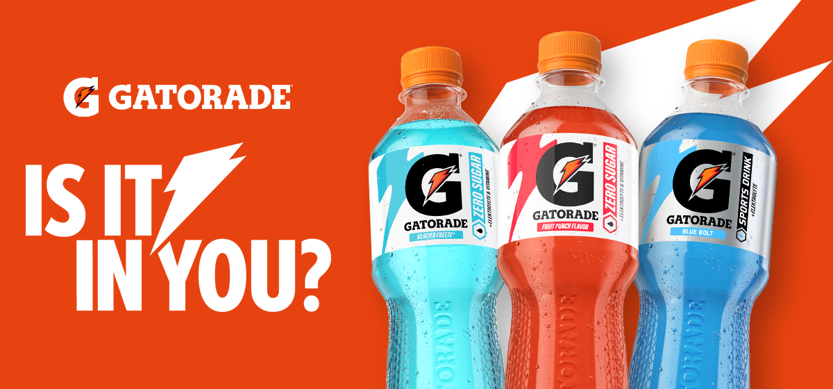 Gatorade Logo mit Text 'Is it in you' und rechts daneben die drei Produkte auf orangenem Hintergrund.